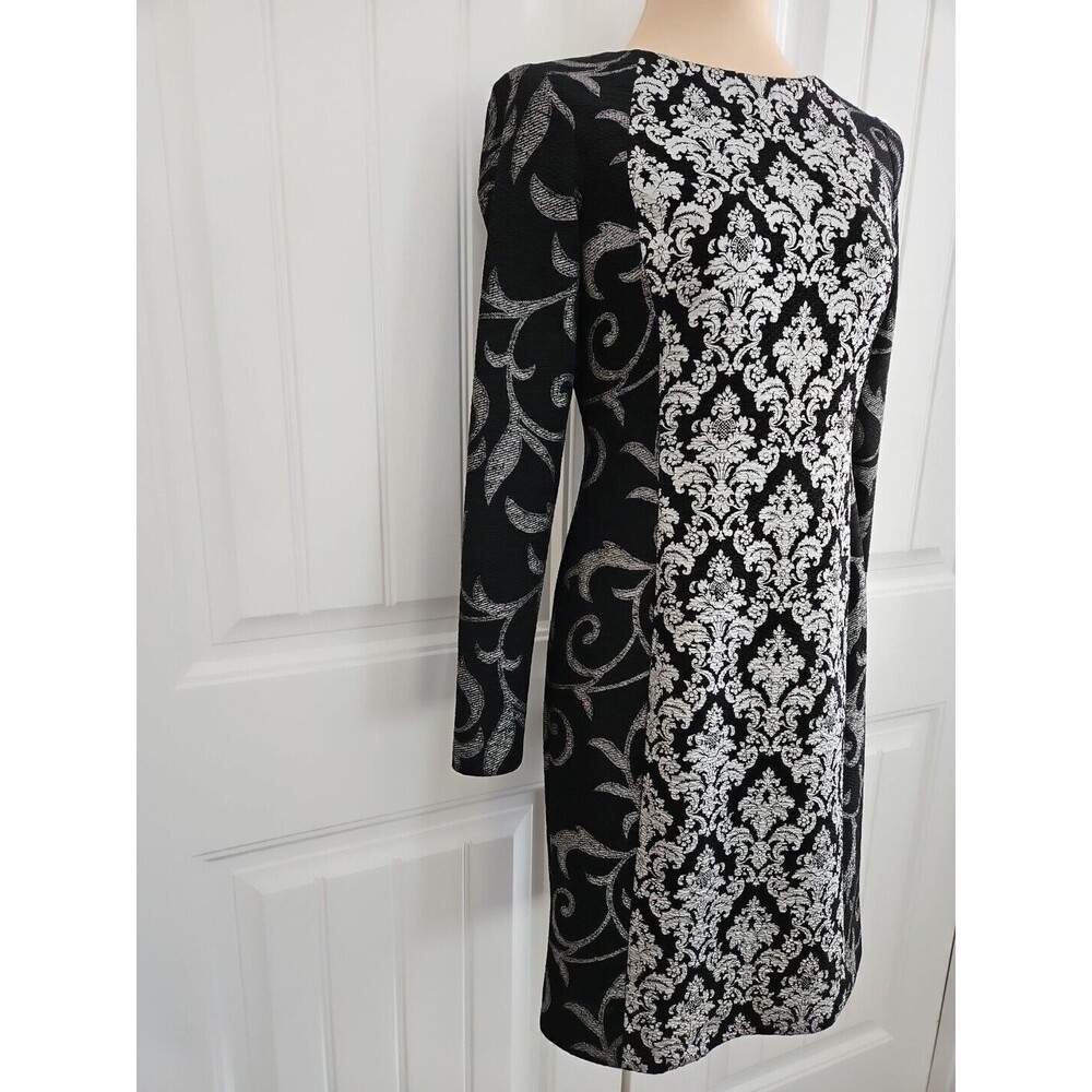 Antonio Melani Metallic Silver Black Filigree Sheath Dress SIZE 2 Long Sleeve - Picture 3 of 9